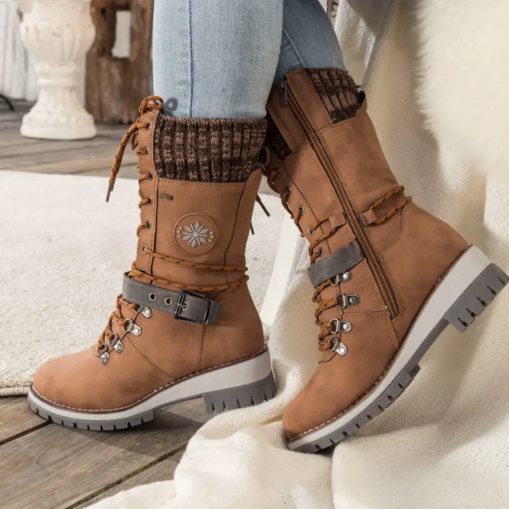Women's Faux Leather Knit-Cuff Snow Boots