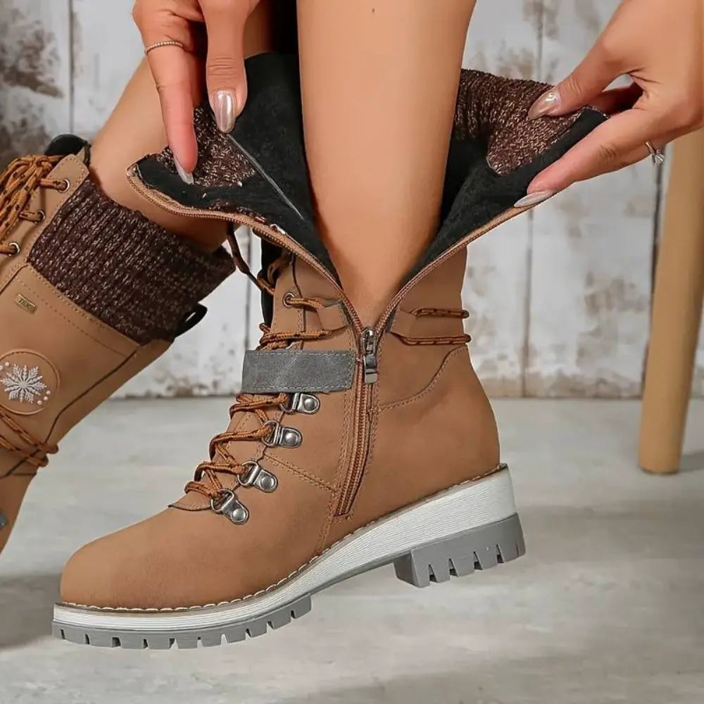 Women's Faux Leather Knit-Cuff Snow Boots