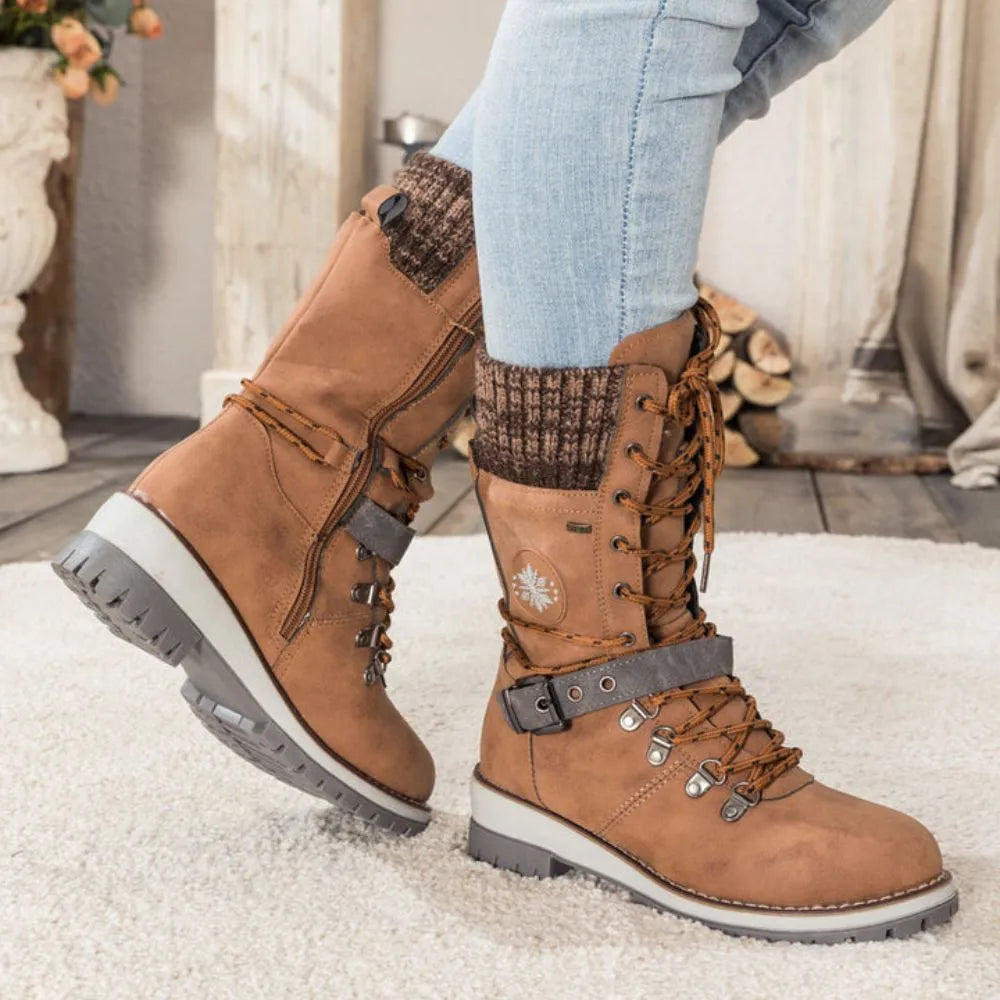 Women's Faux Leather Knit-Cuff Snow Boots