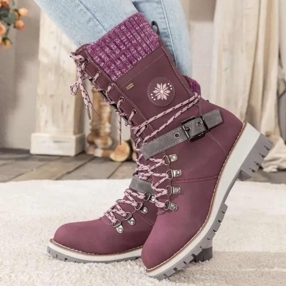 Women's Faux Leather Knit-Cuff Snow Boots