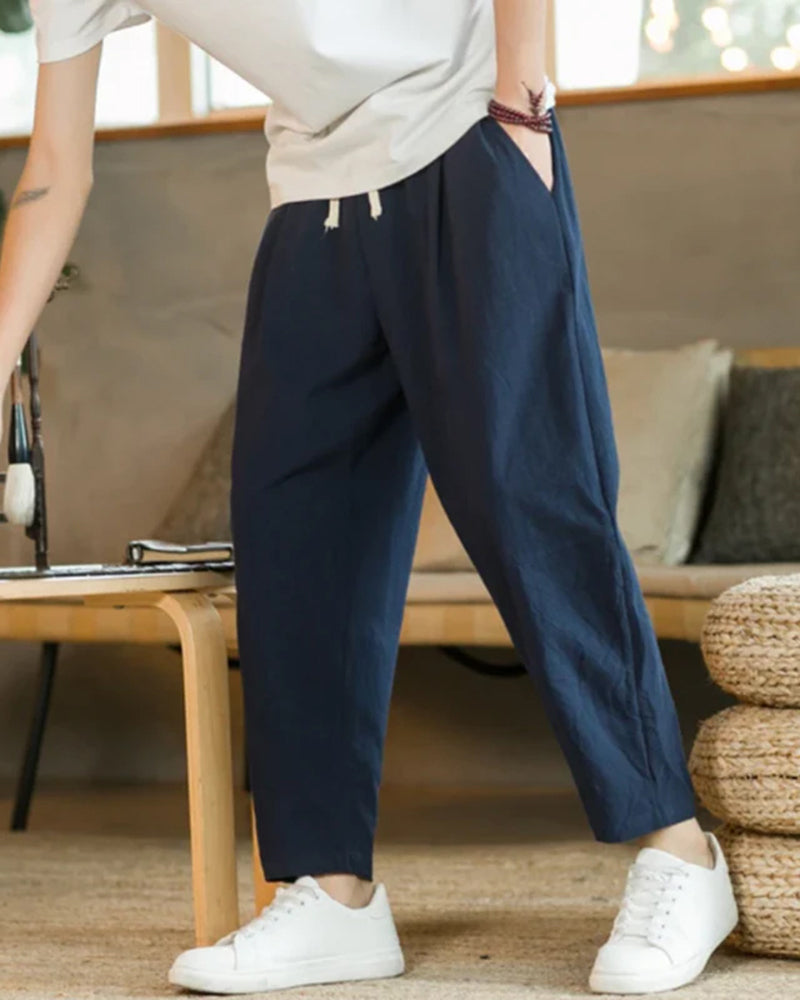 Cotton-Linen Trousers with Elastic Waist