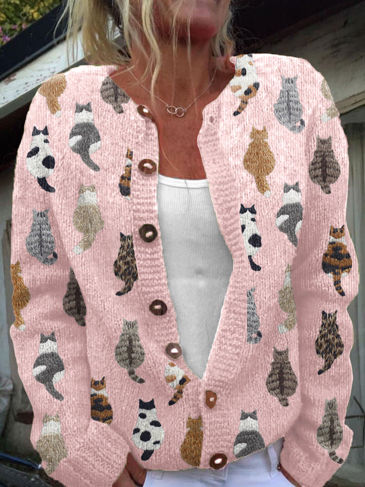 Women's Cat Print Knit Cardigan for Autumn/Winter