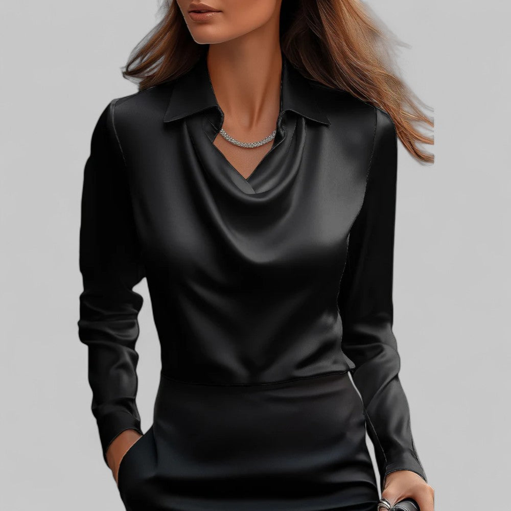 Draped Neck Long Sleeve Satin Blouse for Women