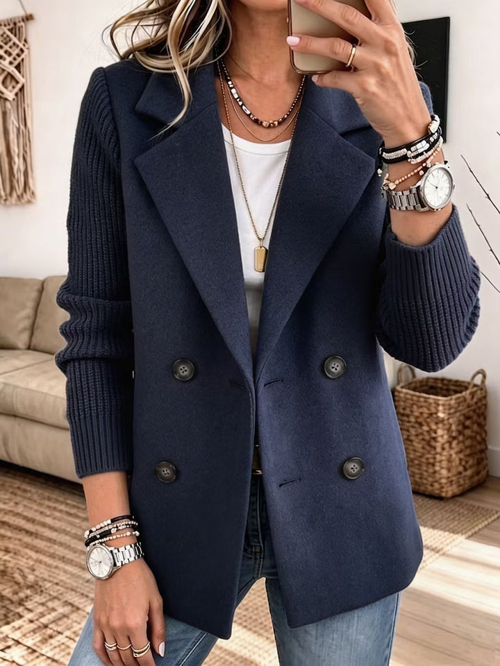 Women's Double-Breasted Blazer with Contrast Knit Sleeves
