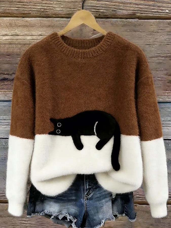 Women's Black Cat Print Oversized Fuzzy Knit Sweater
