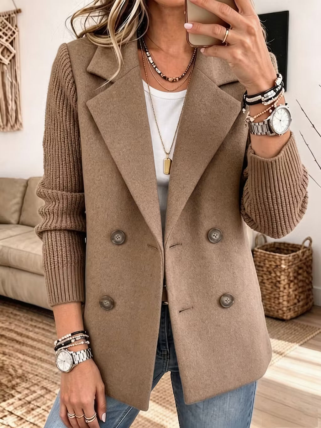 Women's Double-Breasted Blazer with Contrast Knit Sleeves