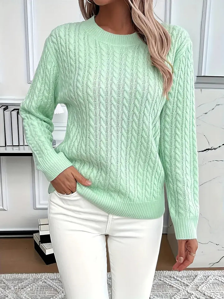 Cable Knit Crew Neck Sweater with Ribbed Cuffs and Hem