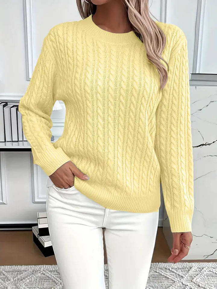 Cable Knit Crew Neck Sweater with Ribbed Cuffs and Hem