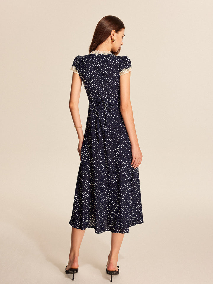 Polka Dot Lace-Trim V-Neck Maxi Dress