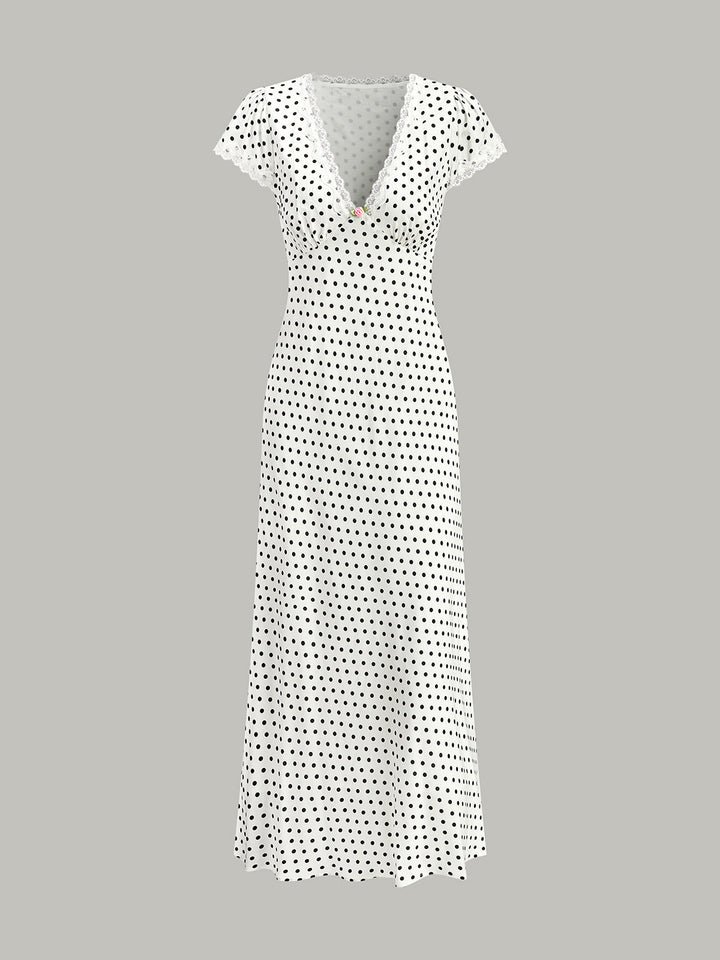 Polka Dot Lace-Trim V-Neck Maxi Dress