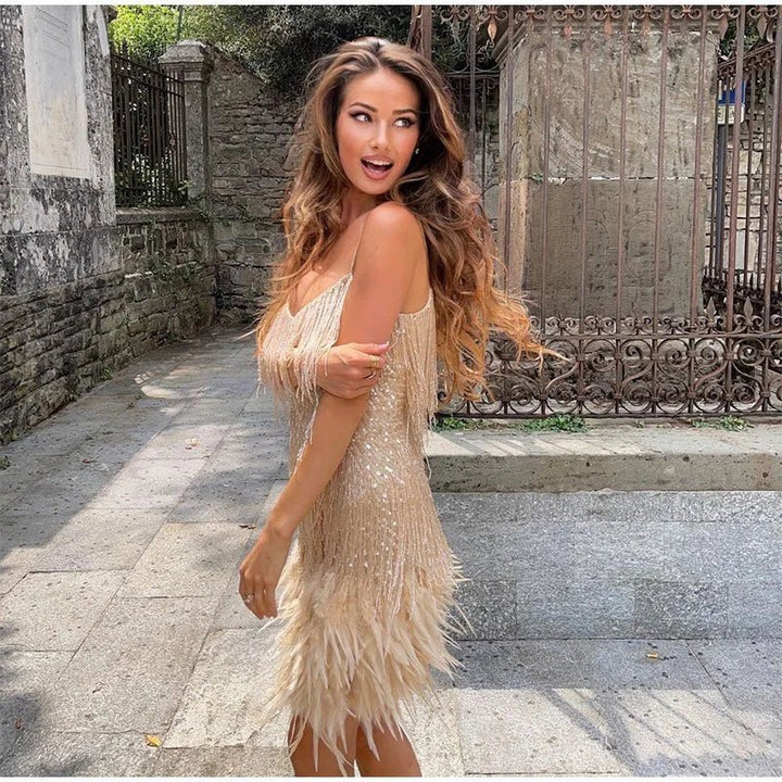 Sequined & Feather-Trim Mini Summer Evening Dress for Women