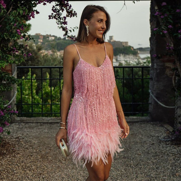 Sequined & Feather-Trim Mini Summer Evening Dress for Women