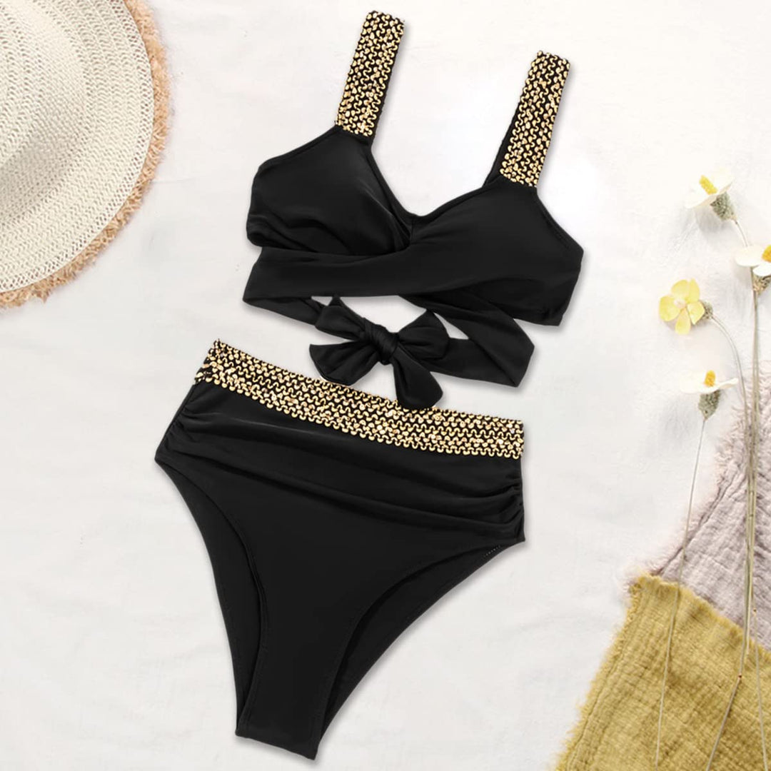 High-Waisted Bikini with Elegant Golden Cross Straps