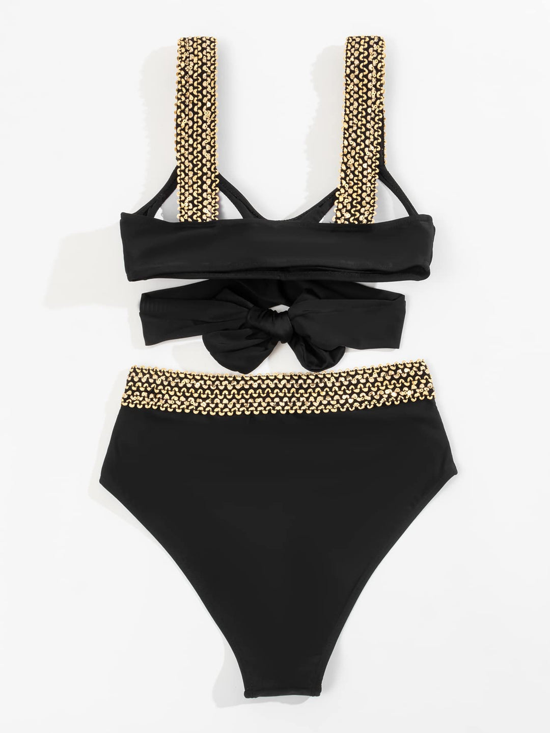 High-Waisted Bikini with Elegant Golden Cross Straps