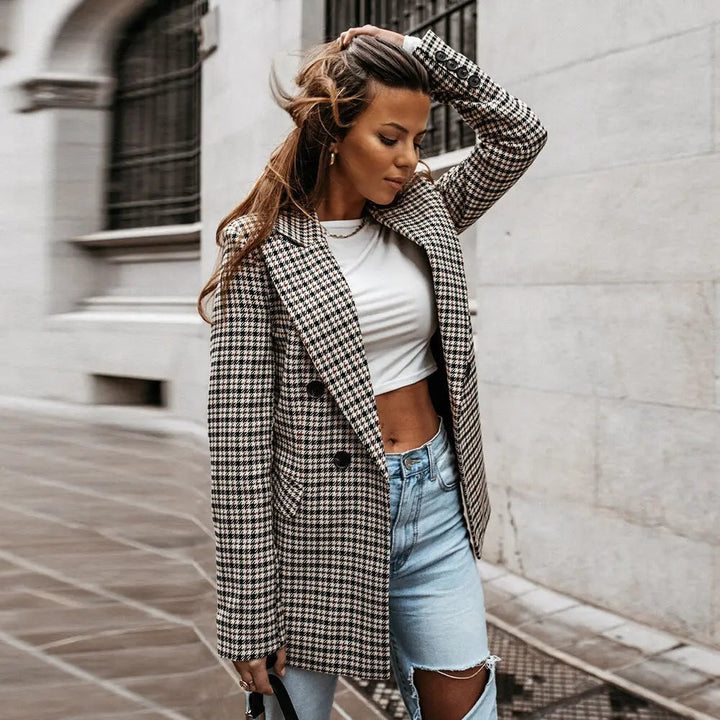 Houndstooth Double-Breasted Blazer for Women
