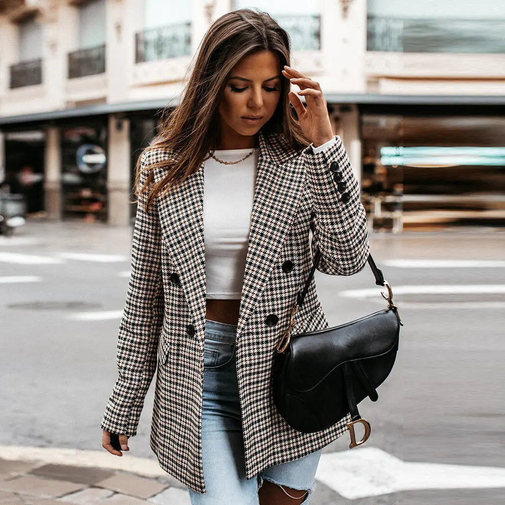 Houndstooth Double-Breasted Blazer for Women