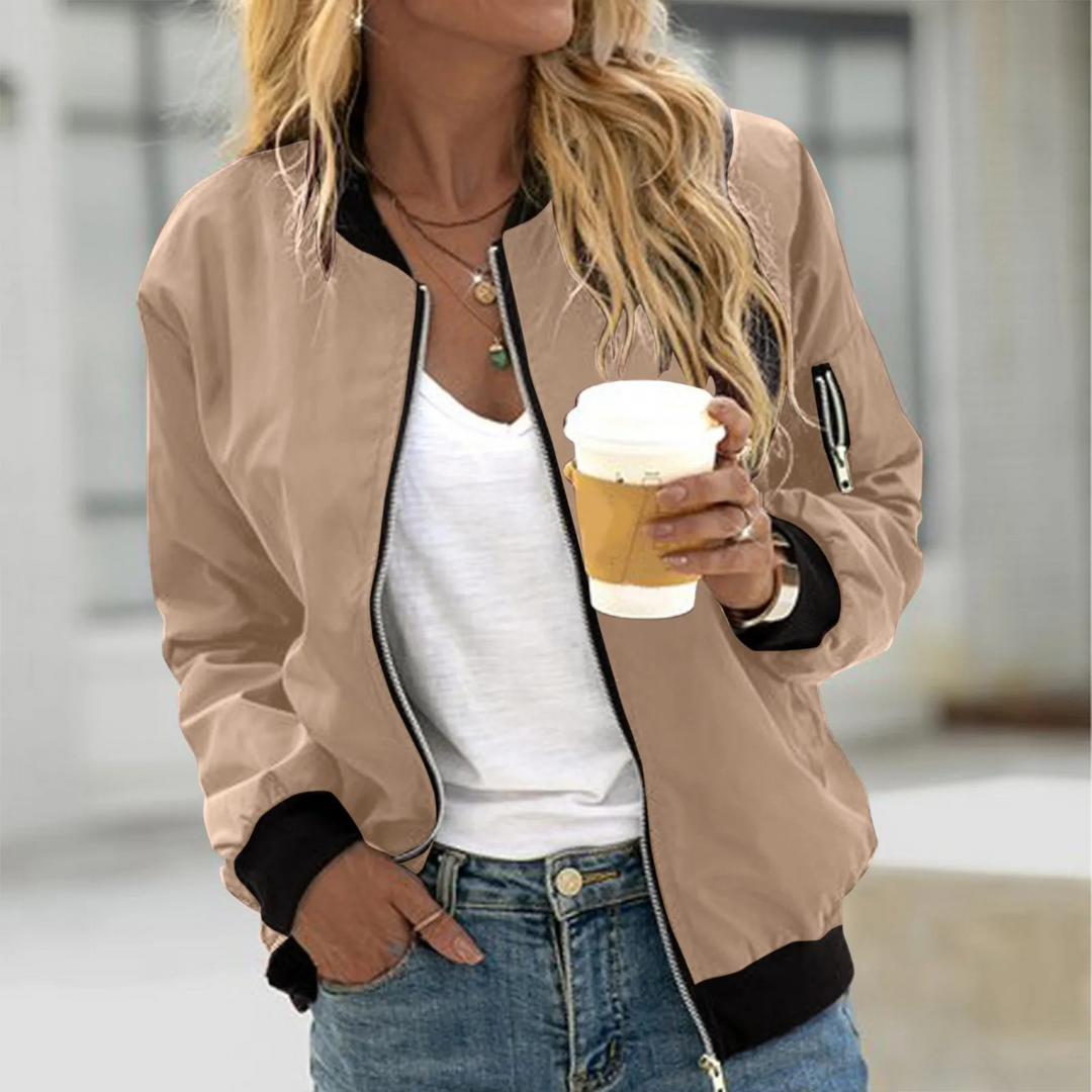 Classic Bomber Jacket with Contrast Ribbed Trim and Zip Pockets
