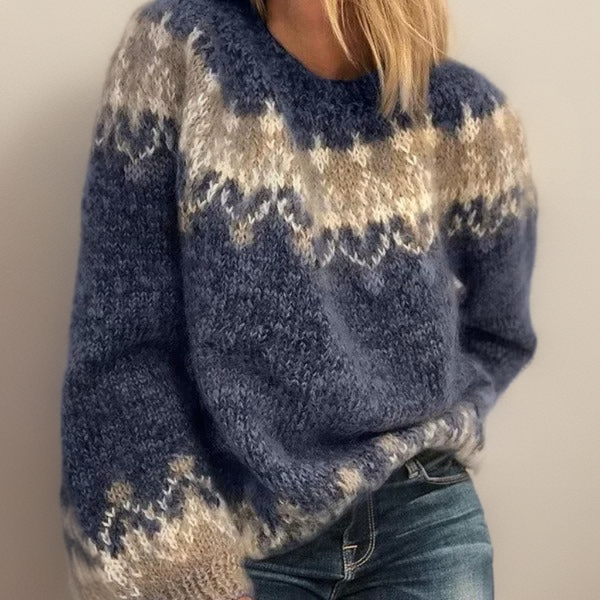 Cosy Nordic-Style Fair Isle Knit Sweater with Patterned Yoke