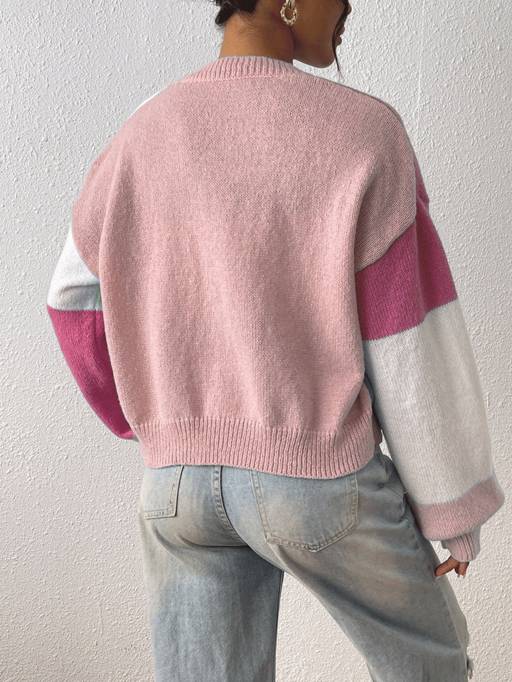 Cropped Colour Block Cardigan with Open Front and Ribbed Cuffs