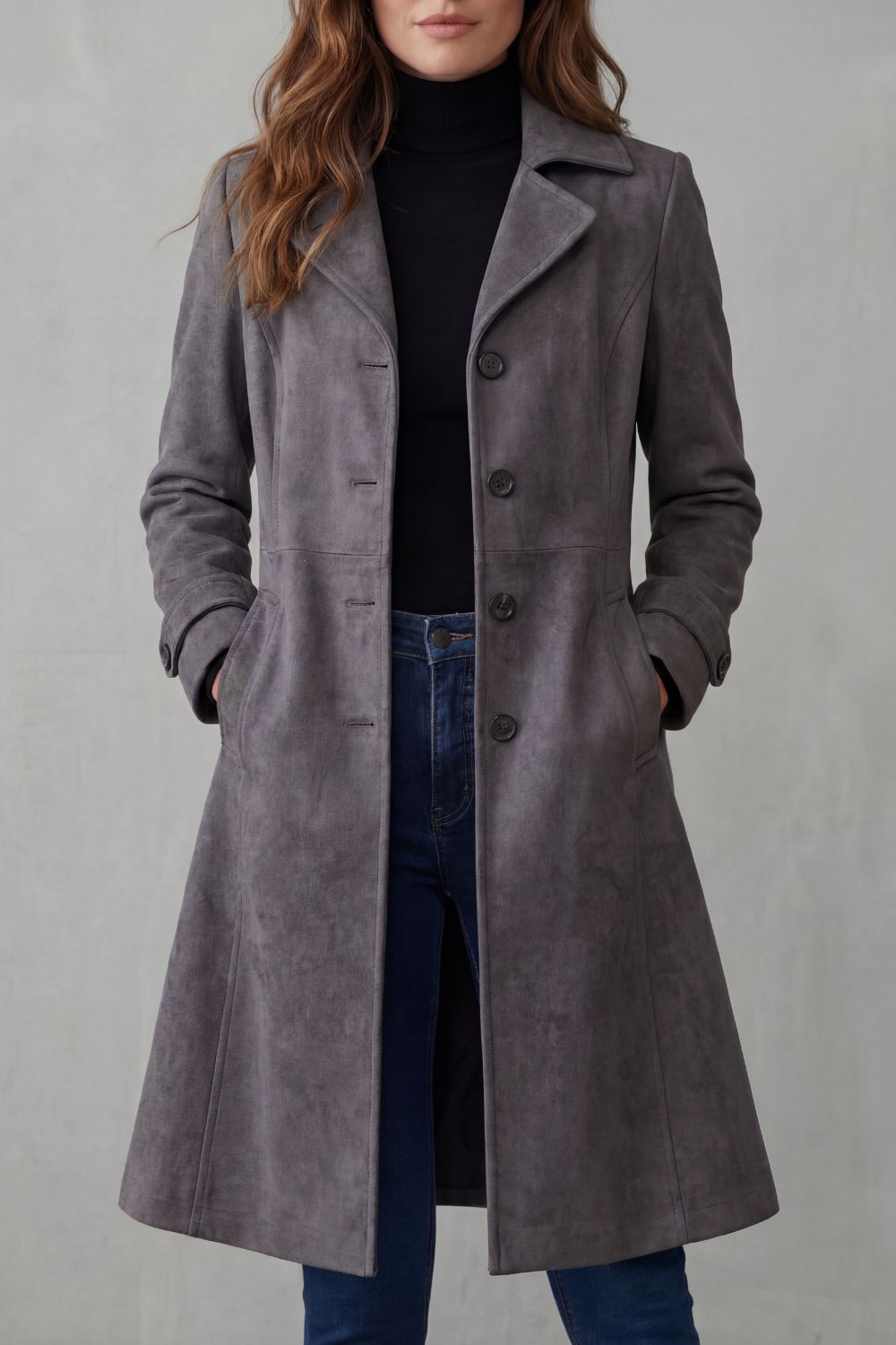 Vintage Suede-Effect Longline Coat for Women