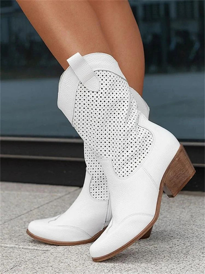 Perforated Western Ankle Boots – Suede Block Heel