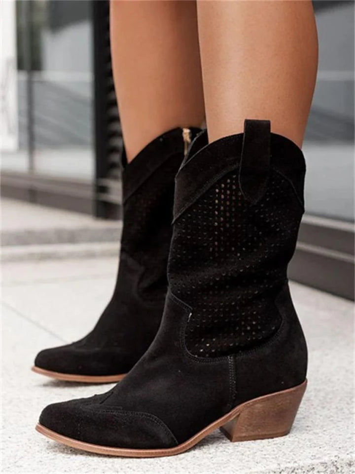 Perforated Western Ankle Boots – Suede Block Heel