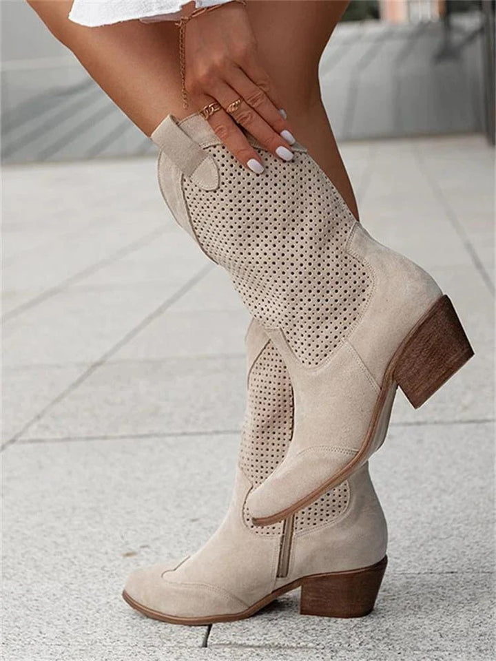 Perforated Western Ankle Boots – Suede Block Heel