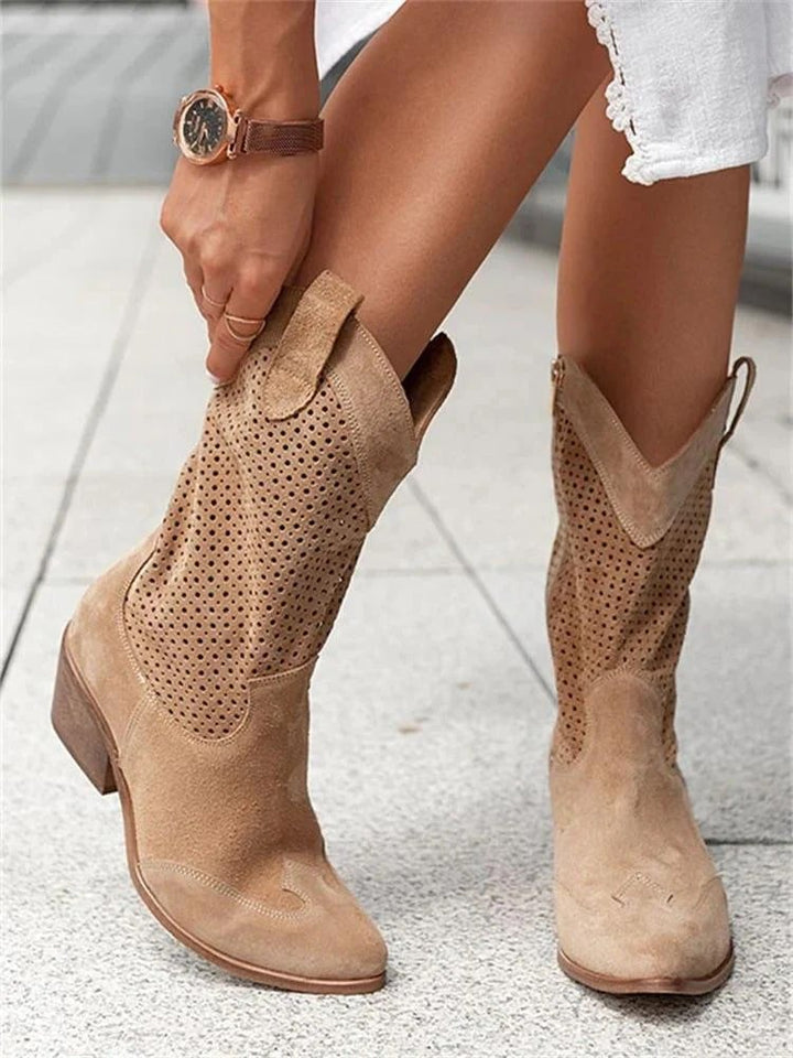Perforated Western Ankle Boots – Suede Block Heel