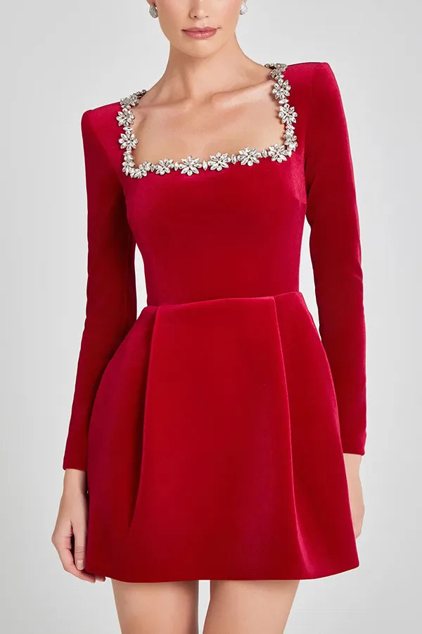 Crystal Trim Square Neck Velvet Mini Dress