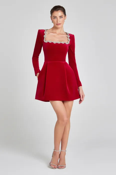 Crystal Trim Square Neck Velvet Mini Dress