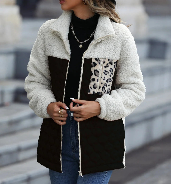 Women's Colour Block Sherpa Jacket | Quilted Panels, Zip Front
