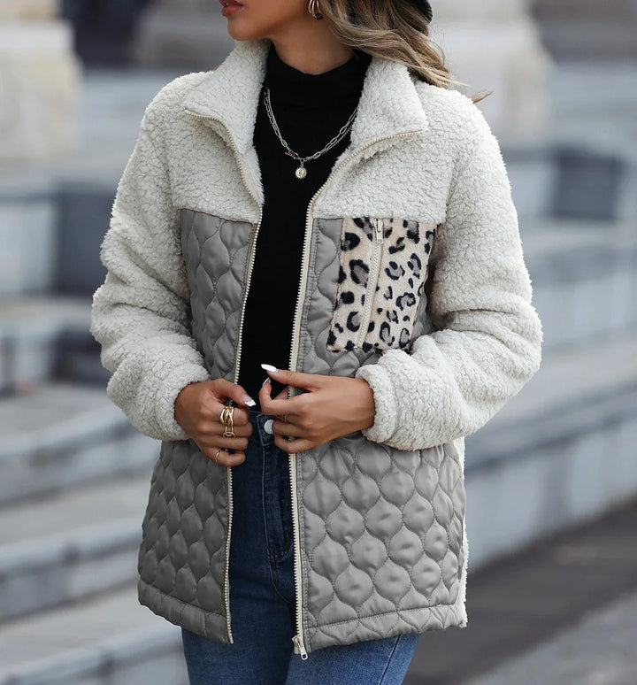 Women's Colour Block Sherpa Jacket | Quilted Panels, Zip Front