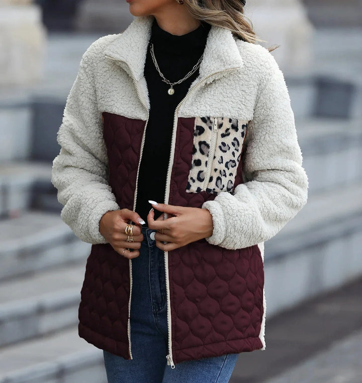 Women's Colour Block Sherpa Jacket | Quilted Panels, Zip Front