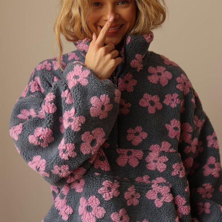 Women's Oversized Floral Teddy Fleece Jacket with Half Zip