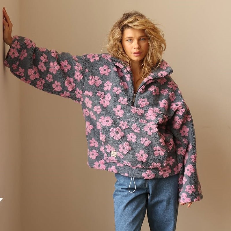 Women's Oversized Floral Teddy Fleece Jacket with Half Zip