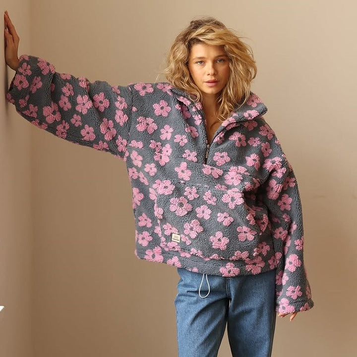 Women's Oversized Floral Teddy Fleece Jacket with Half Zip