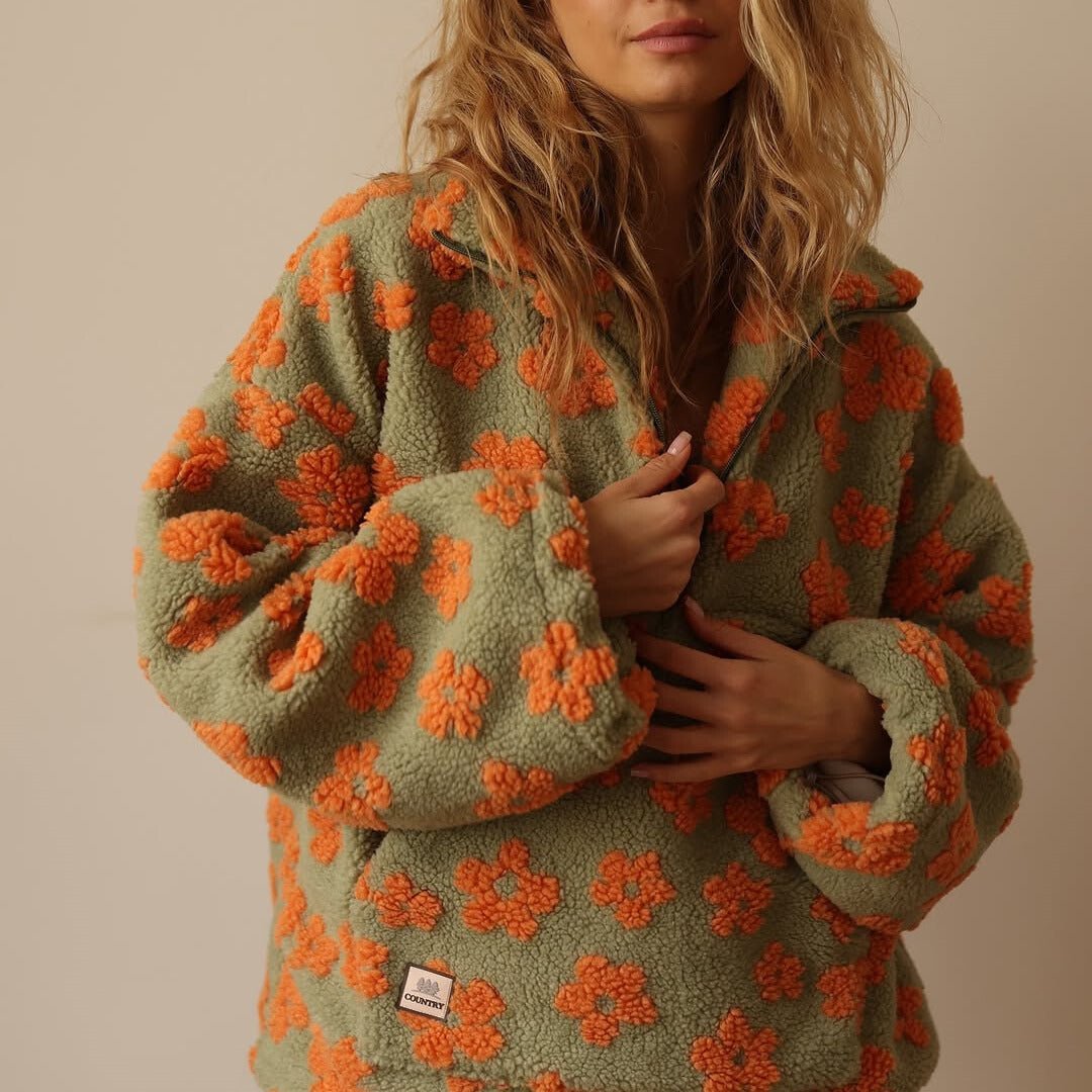 Women's Oversized Floral Teddy Fleece Jacket with Half Zip