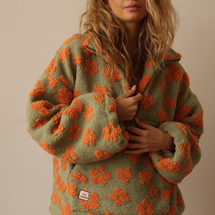 Women's Oversized Floral Teddy Fleece Jacket with Half Zip