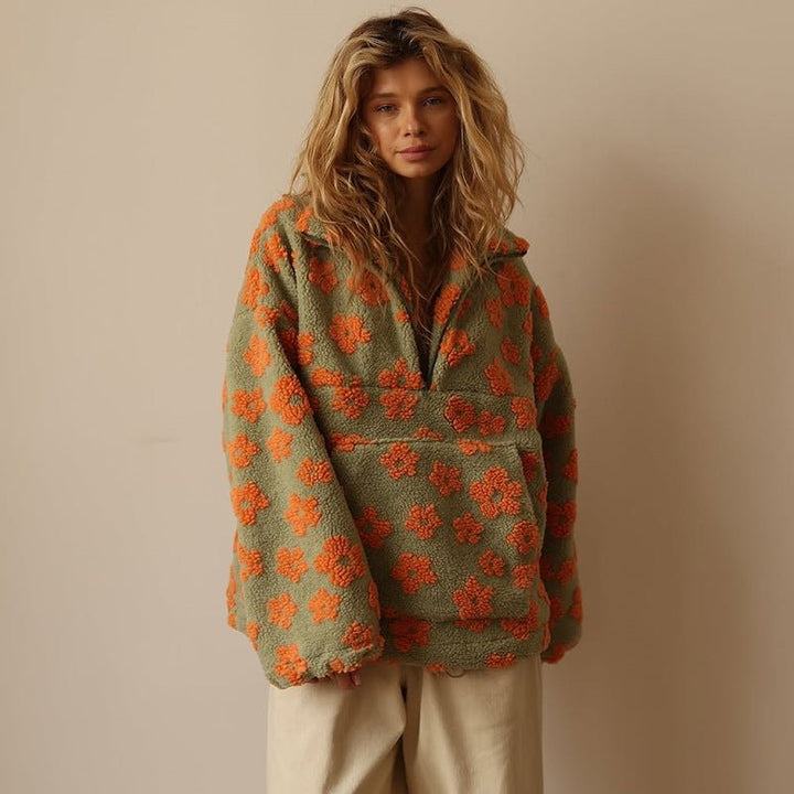 Women's Oversized Floral Teddy Fleece Jacket with Half Zip