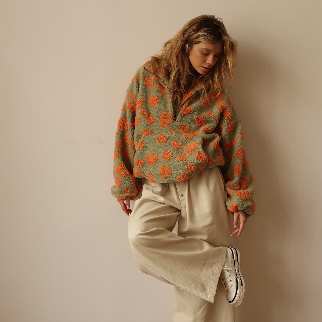 Women's Oversized Floral Teddy Fleece Jacket with Half Zip