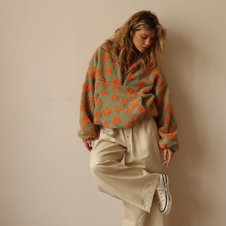 Women's Oversized Floral Teddy Fleece Jacket with Half Zip