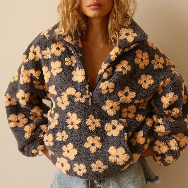 Women's Oversized Floral Teddy Fleece Jacket with Half Zip