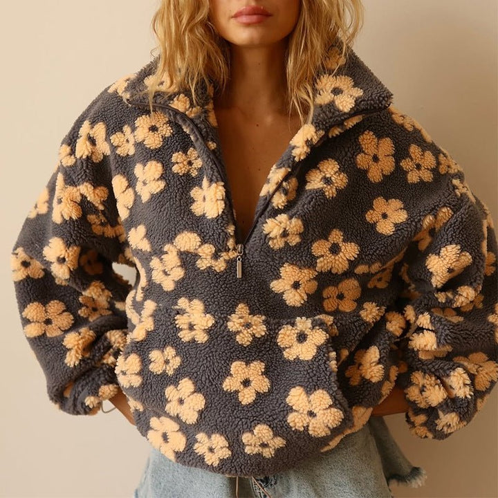 Women's Oversized Floral Teddy Fleece Jacket with Half Zip