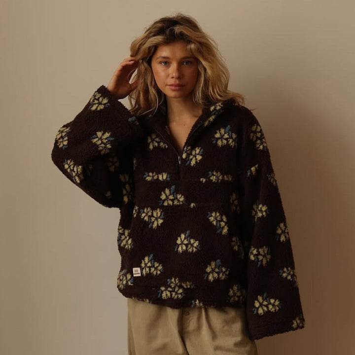 Women's Oversized Floral Teddy Fleece Jacket with Half Zip