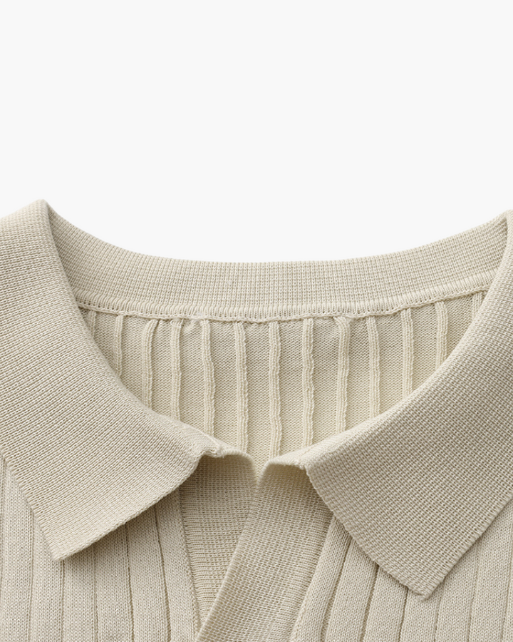 Open-Neck Ribbed Knit Polo