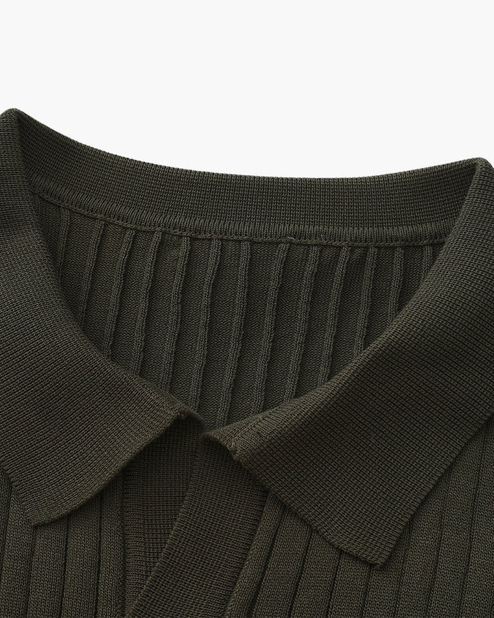 Open-Neck Ribbed Knit Polo