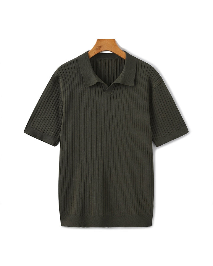 Open-Neck Ribbed Knit Polo