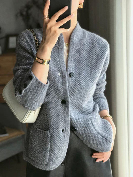 Textured Knit Cardigan with Stand Collar and Button Detail