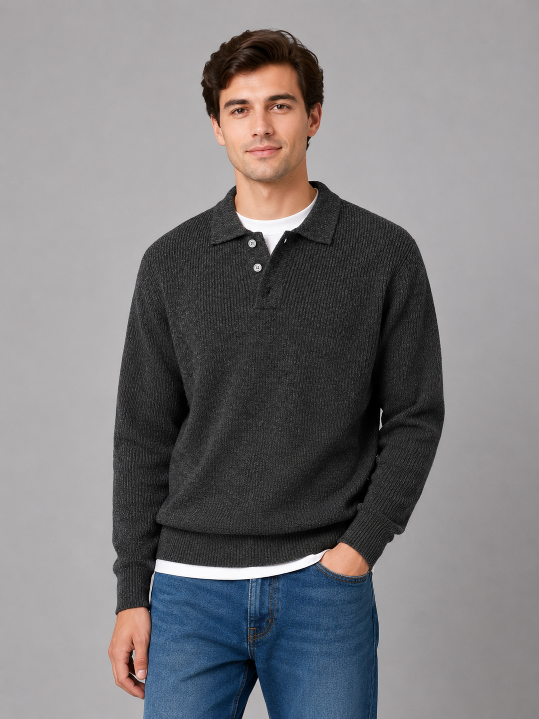 Men's Button Polo Knit Jumper – Lightweight Collared Sweater