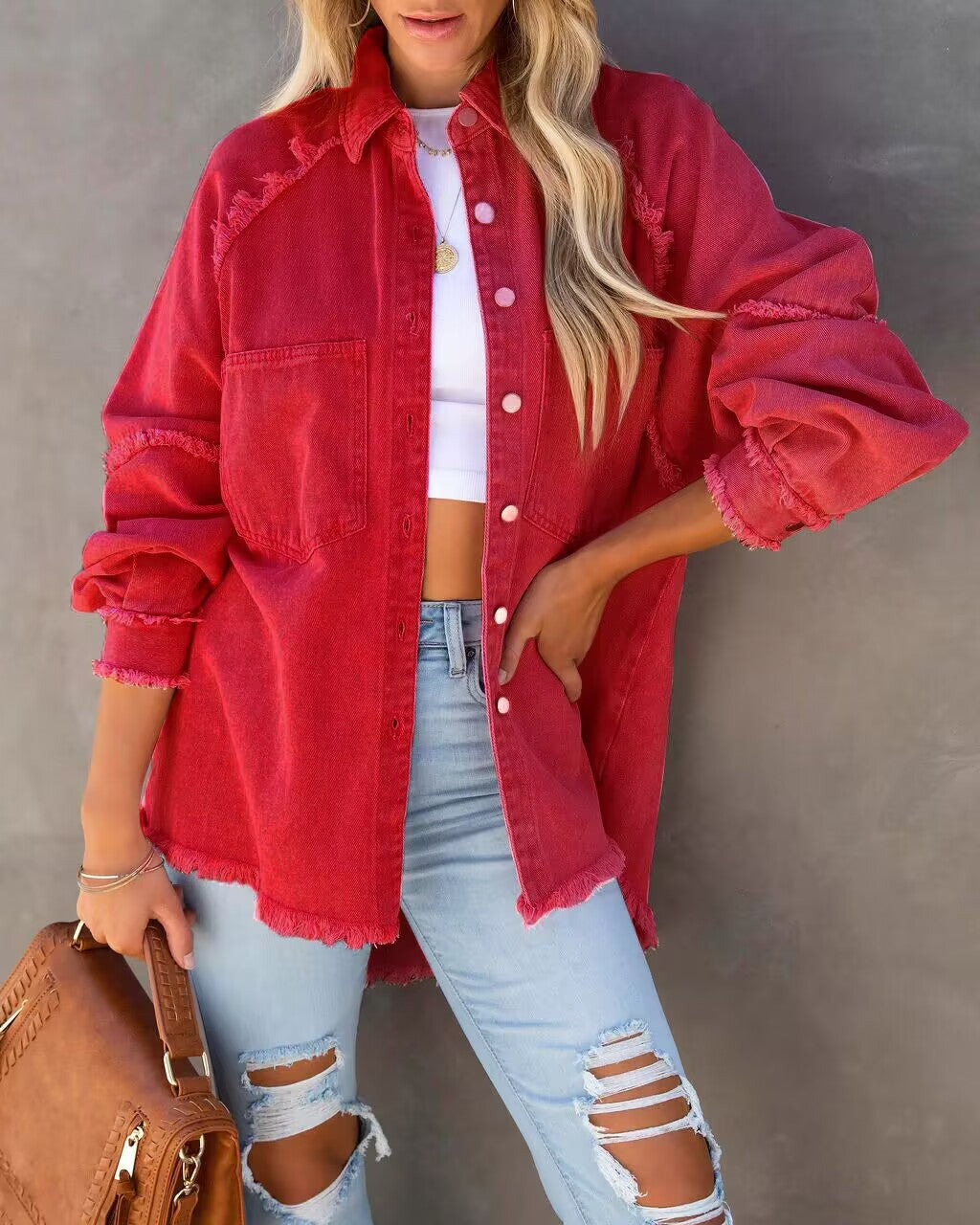 Oversized Denim Jacket with Fringe Detail